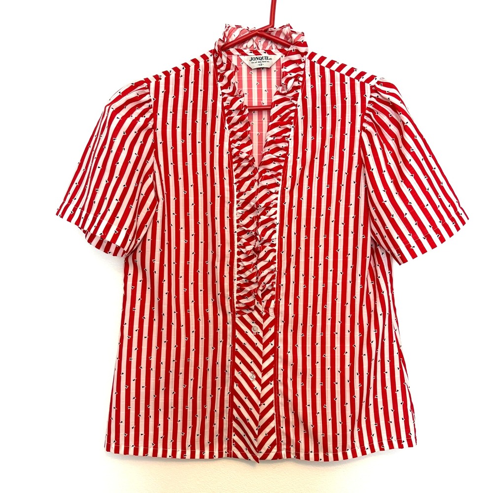Vintage Jonquil‎ Red/White Striped Ruffle Button-Up Blouse, Size 12 /M